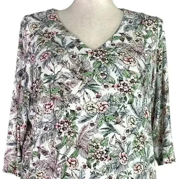 J Jill Top Shirt Womens XL White Multi Floral Stretch Wearever Collection Tunic - Picture 2 of 5